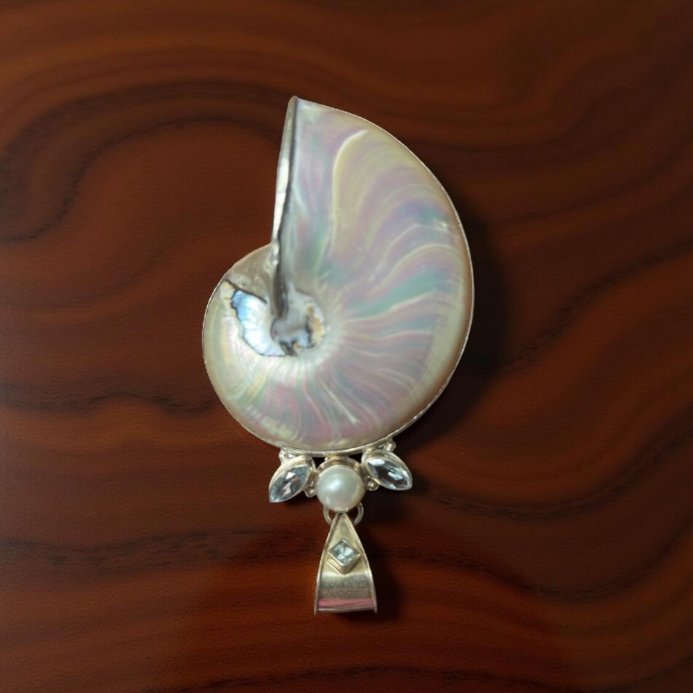This is a Large Pendant 925 sterling silver mother-of-pearl nautilus shell - Picture 3 of 8